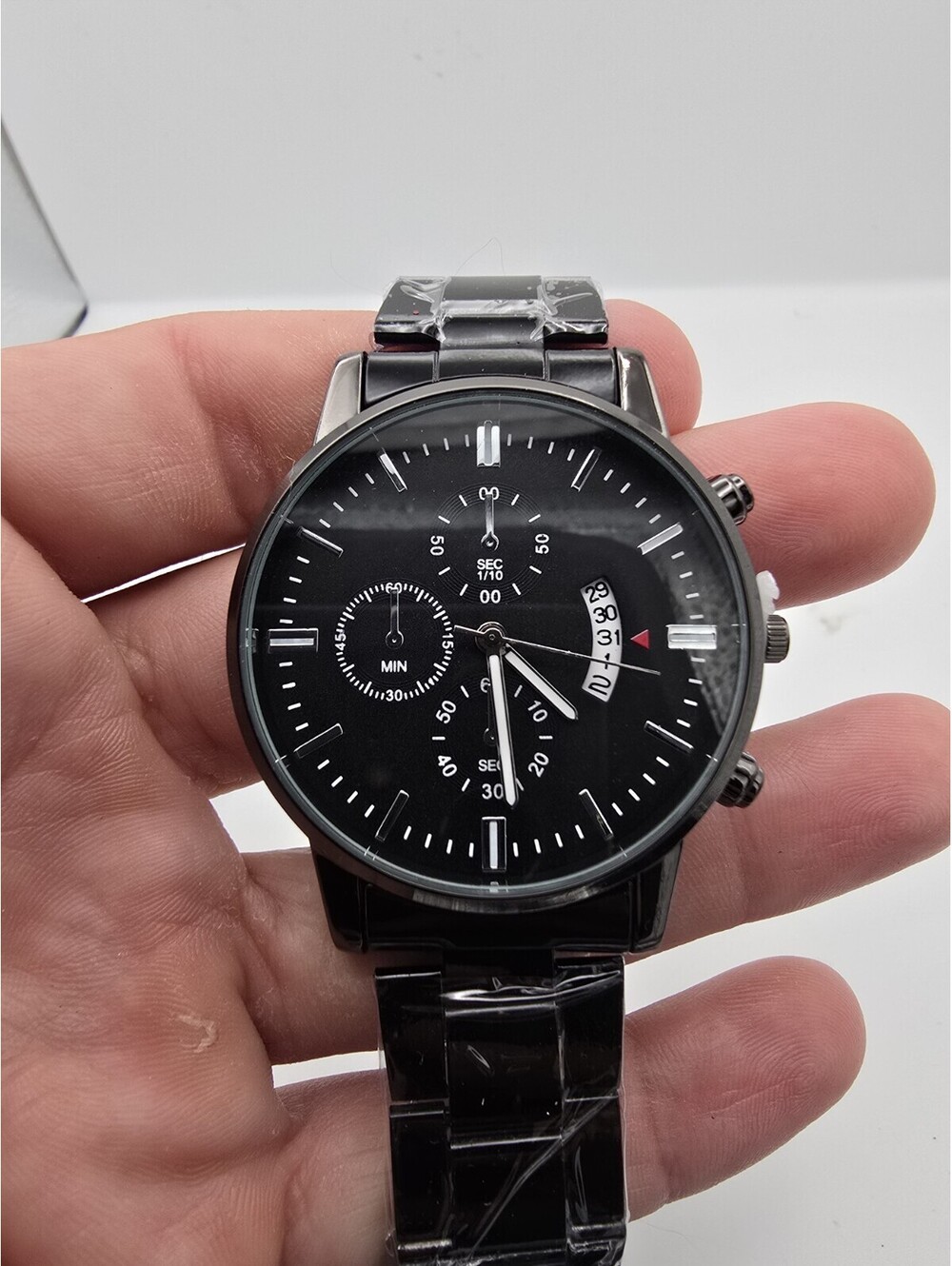 Mens Black Chronograph Style Quartz Watch Black Dial Date Black Link Bracelet